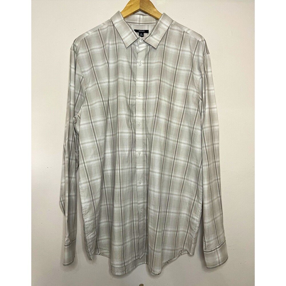 Alfani Men's XXL beige/White Plaid Cotton Woven Long Sleeve Point Collar Shirt